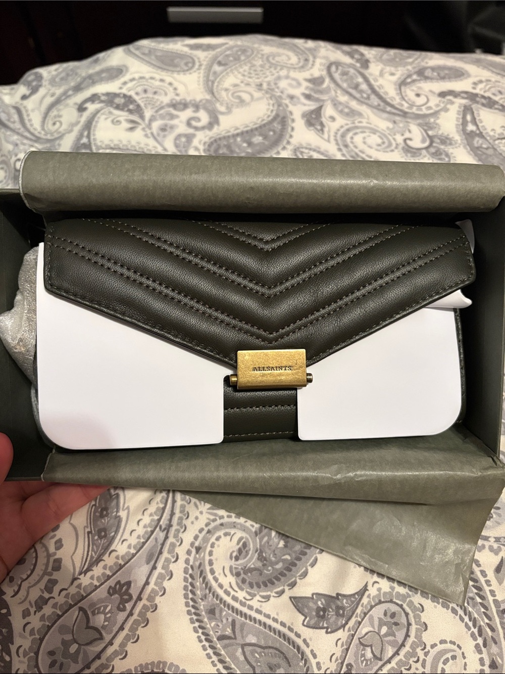 All Saints Olive Chevron Quilted Leather Chain Wallet with Gold Hardware